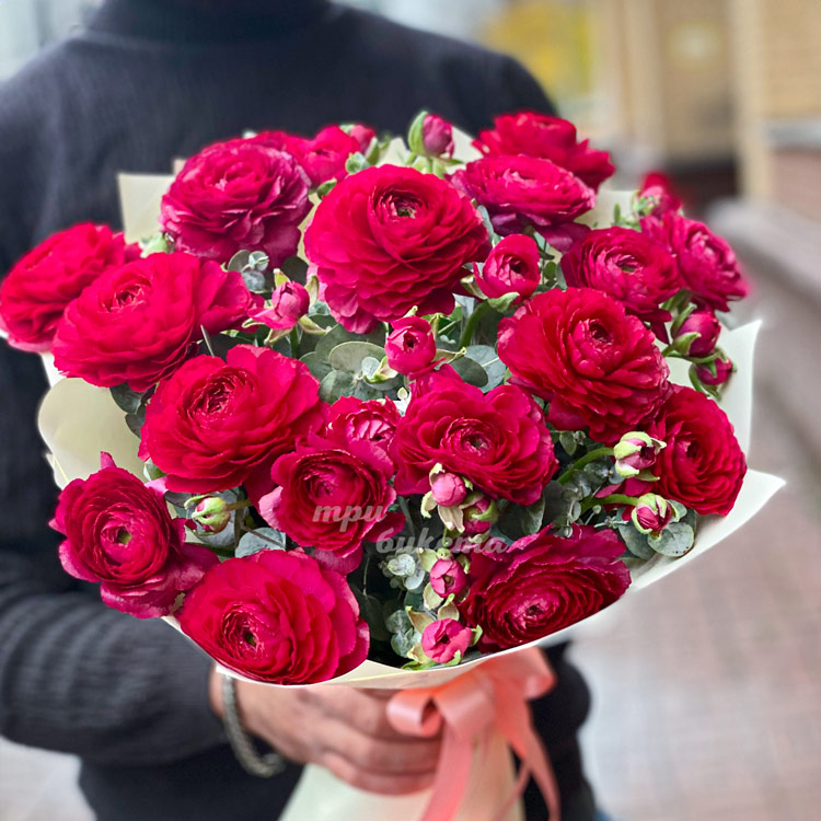 Букет красных ранункулюсов с эвкалиптом (крупный план)